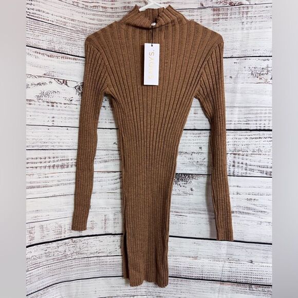 SNDYS Dress Womens Size Small Coffee Ribbed Sweater Bodycon Mini Mock Neck New - Picture 5 of 15
